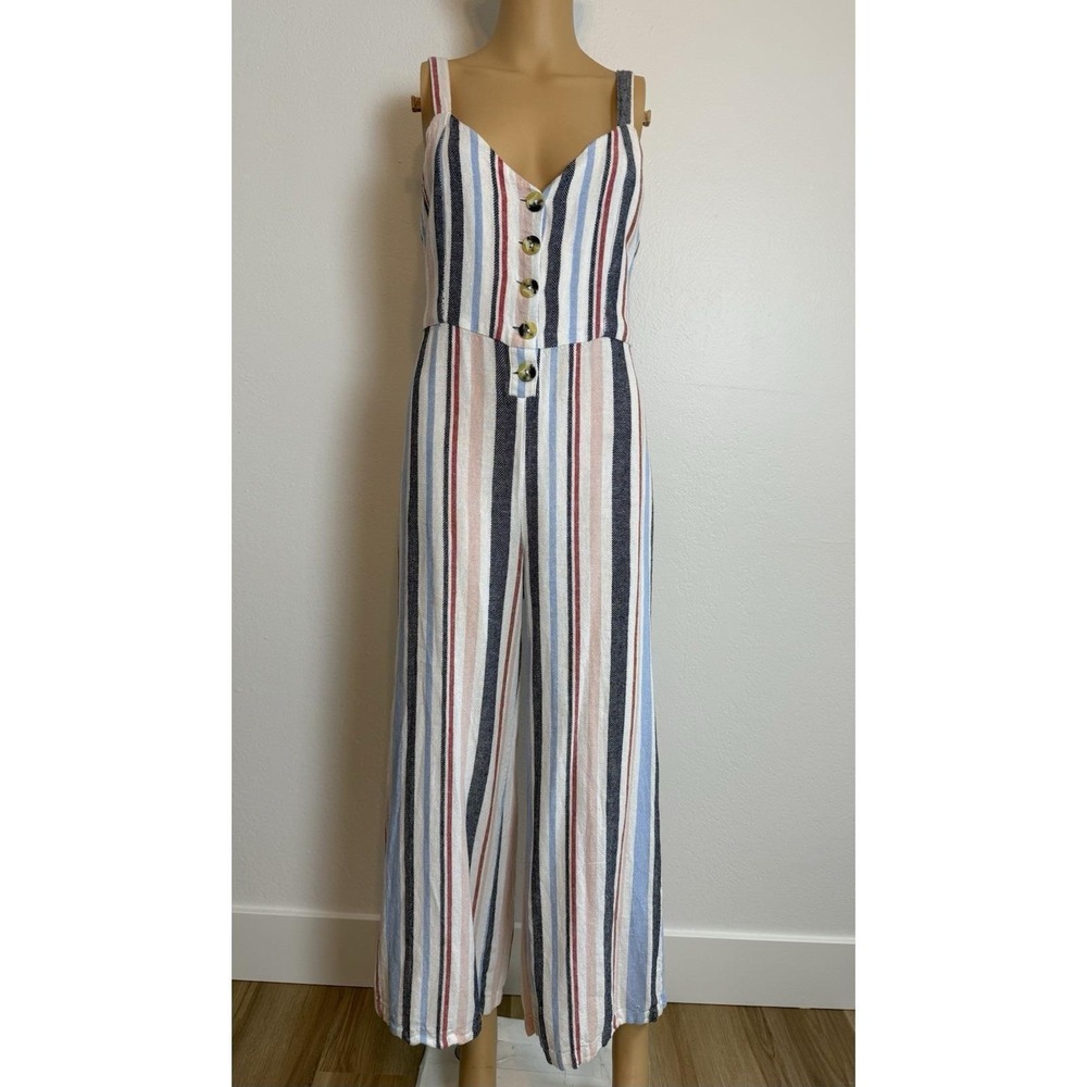 Indigo Rein Y2K Linen Blend Striped Wide Leg Open Back Cropped Jumpsuit Sz S/M